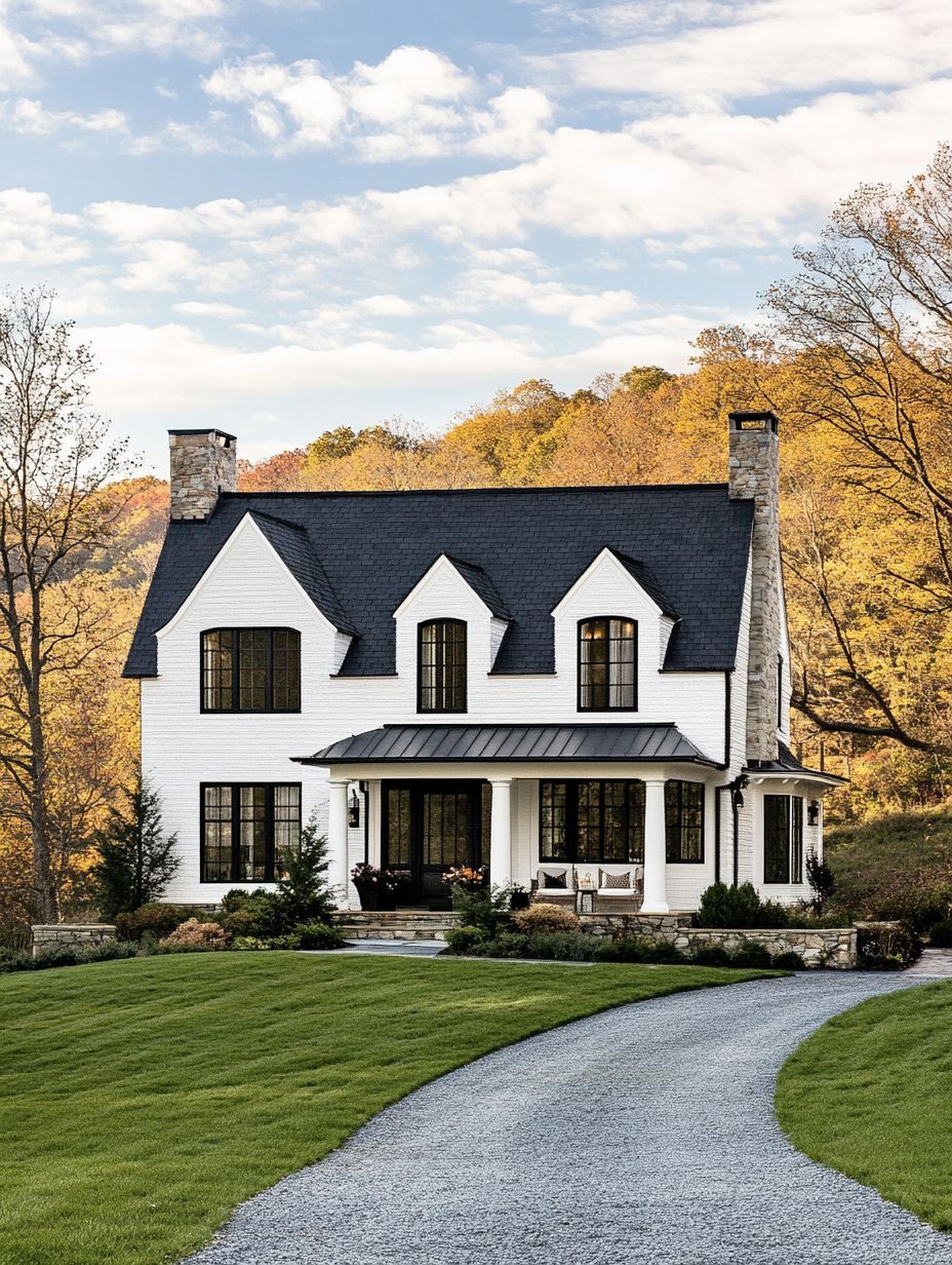 A white two-story house with a black roof and trim, stone chimneys, and a covered front porch, situated along a curved gravel driveway with a backdrop of autumn trees.