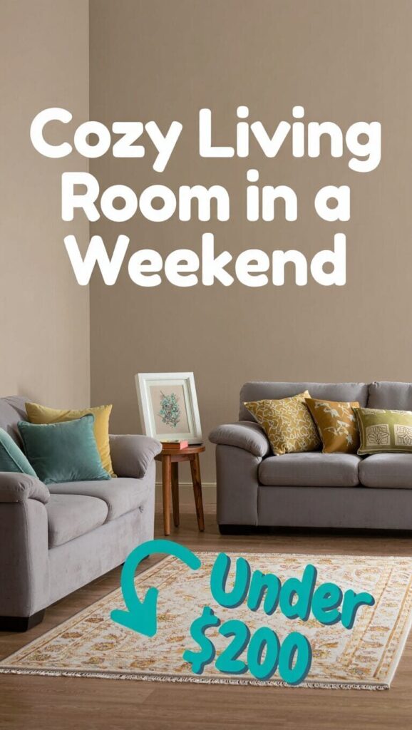 Two gray sofas with colorful pillows and a framed picture on the wall, promoting a cozy living room makeover for under $200.