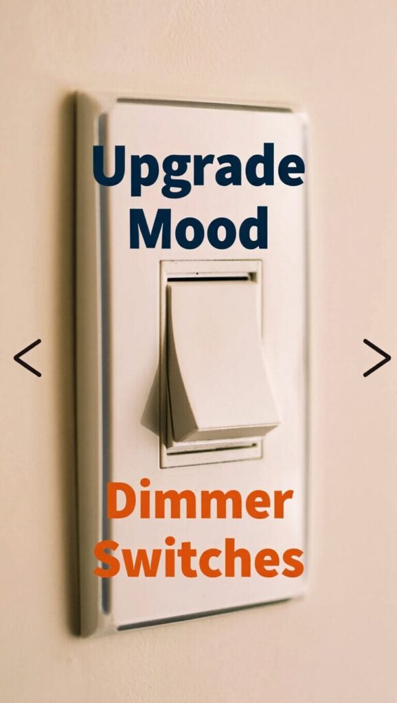 A white dimmer light switch on a beige wall with the text "Upgrade Mood" and "Dimmer Switches" overlaid.