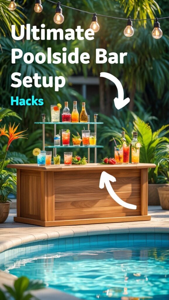 A wooden poolside bar with colorful drinks and bottles, surrounded by tropical plants and string lights, beside a swimming pool. Text reads "Ultimate Poolside Bar Setup Hacks.