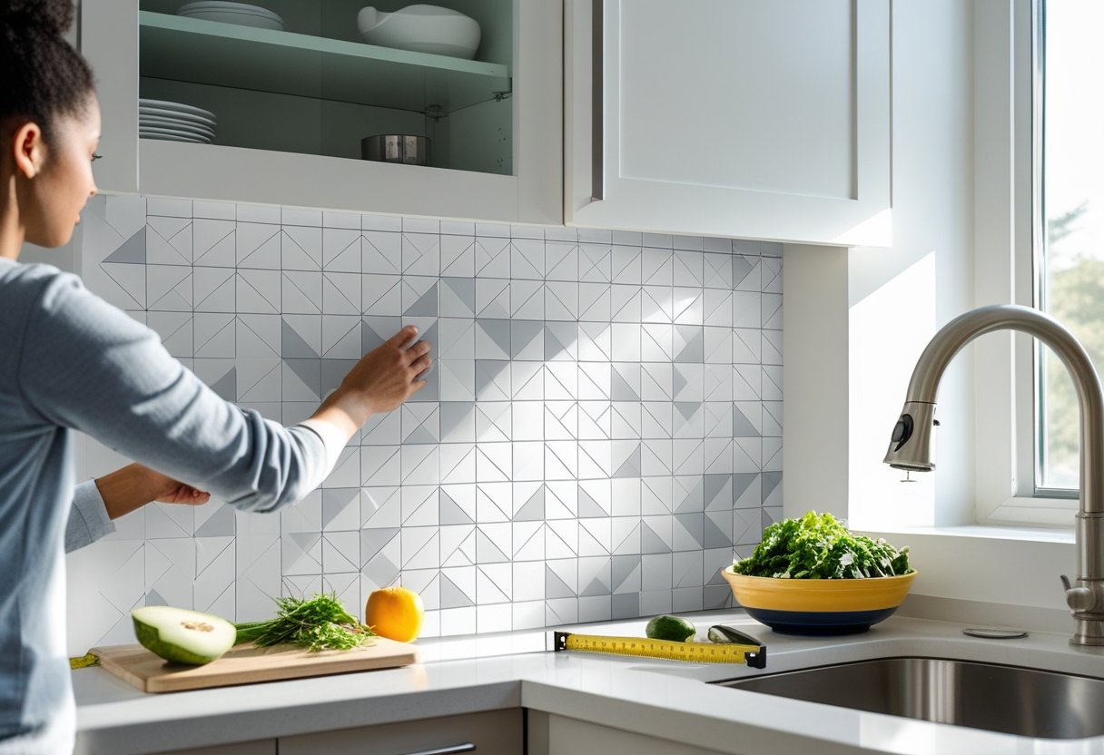 A person applies geometric-patterned tiles to a kitchen backsplash, with vegetables and a tape measure on the counter nearby.