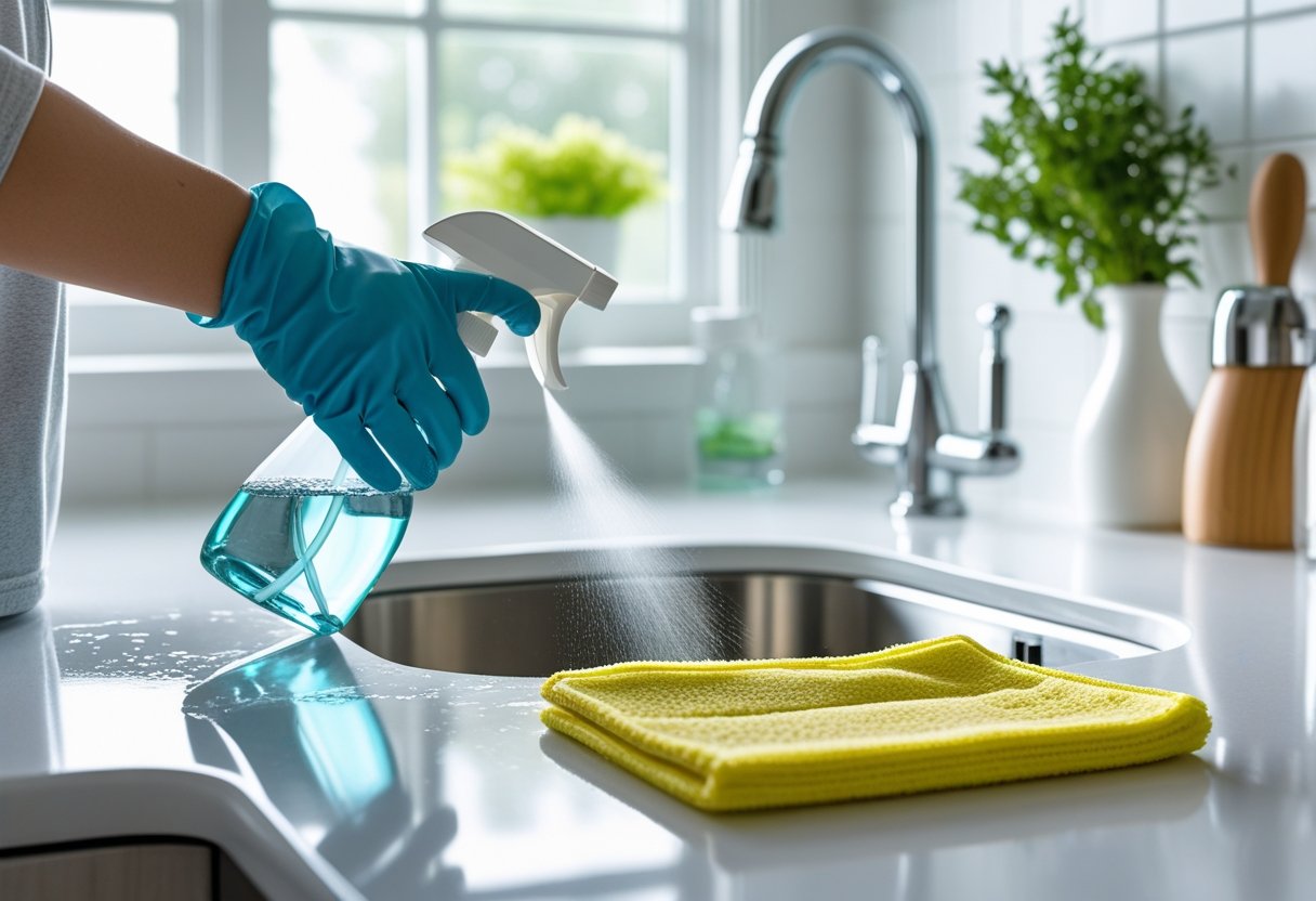 A person wearing blue gloves sprays cleaning solution onto a white kitchen countertop near a yellow cloth and stainless steel sink.
