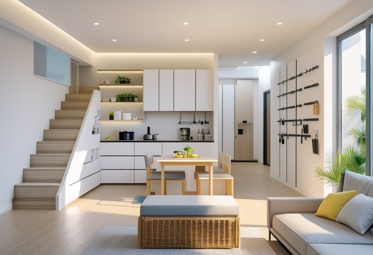 Modern, minimalist kitchen and dining area with white cabinets, wooden dining set, stairs, and a wall featuring neatly arranged kitchen utensils, illuminated by natural and recessed lighting.