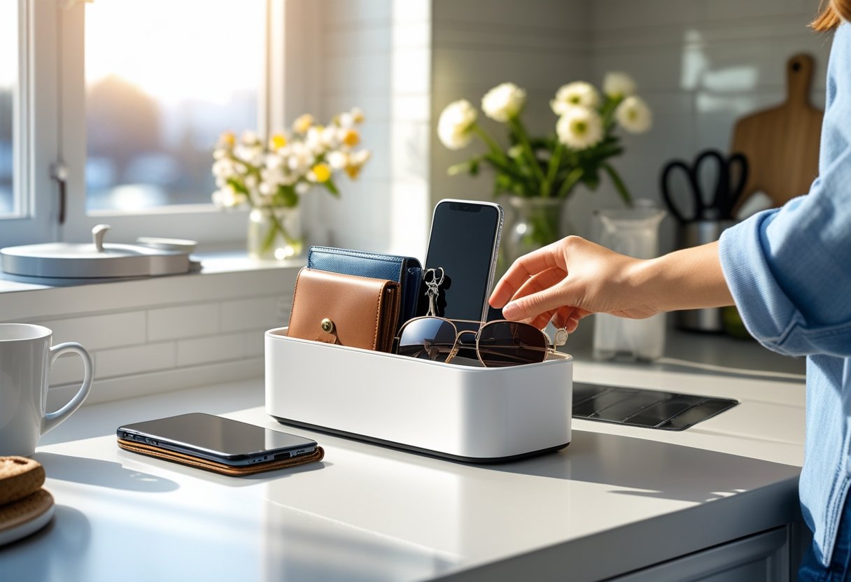 A person places sunglasses in a white organizer tray with a wallet, smartphone, and keys on a kitchen counter. Another phone lies nearby. Flowers and sunlight are visible in the background.