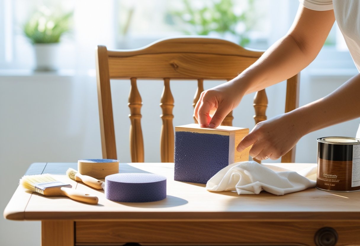 A person prepares to paint a wooden block on a table, with a brush, paint can, sponge, and cloth also visible under natural light.