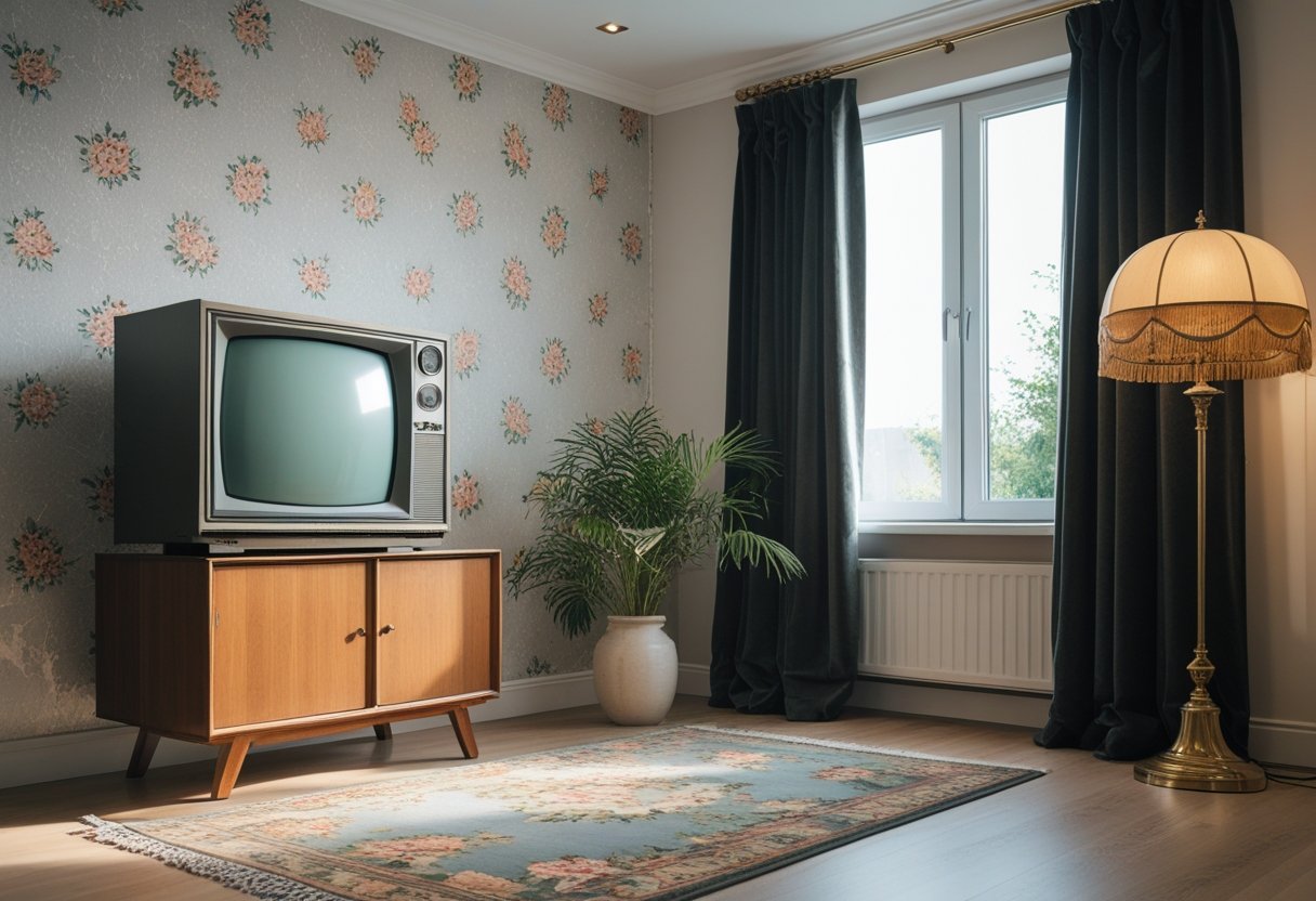 A vintage living room featuring an old television on a wooden cabinet, floral wallpaper, a floor lamp, potted plant, and a window with dark curtains.