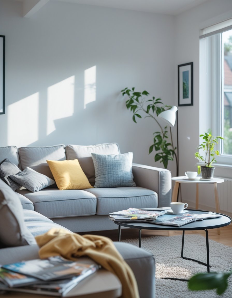 A modern living room with light gray sofas, colorful cushions, a round black coffee table with magazines and a cup, potted plants, and sunlight streaming through a window.