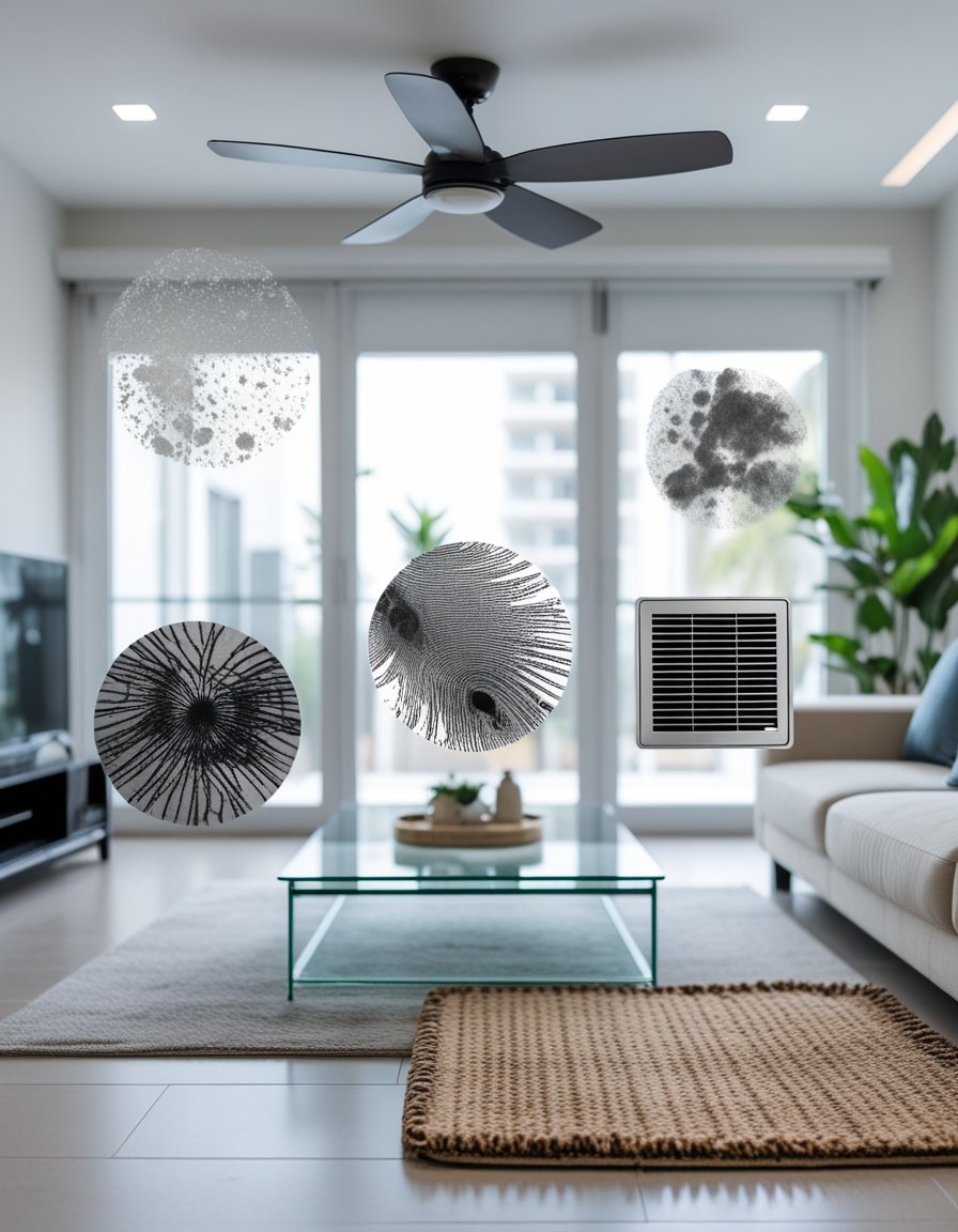 A modern living room with images of mold spores and a vent superimposed, suggesting indoor air quality or ventilation issues.