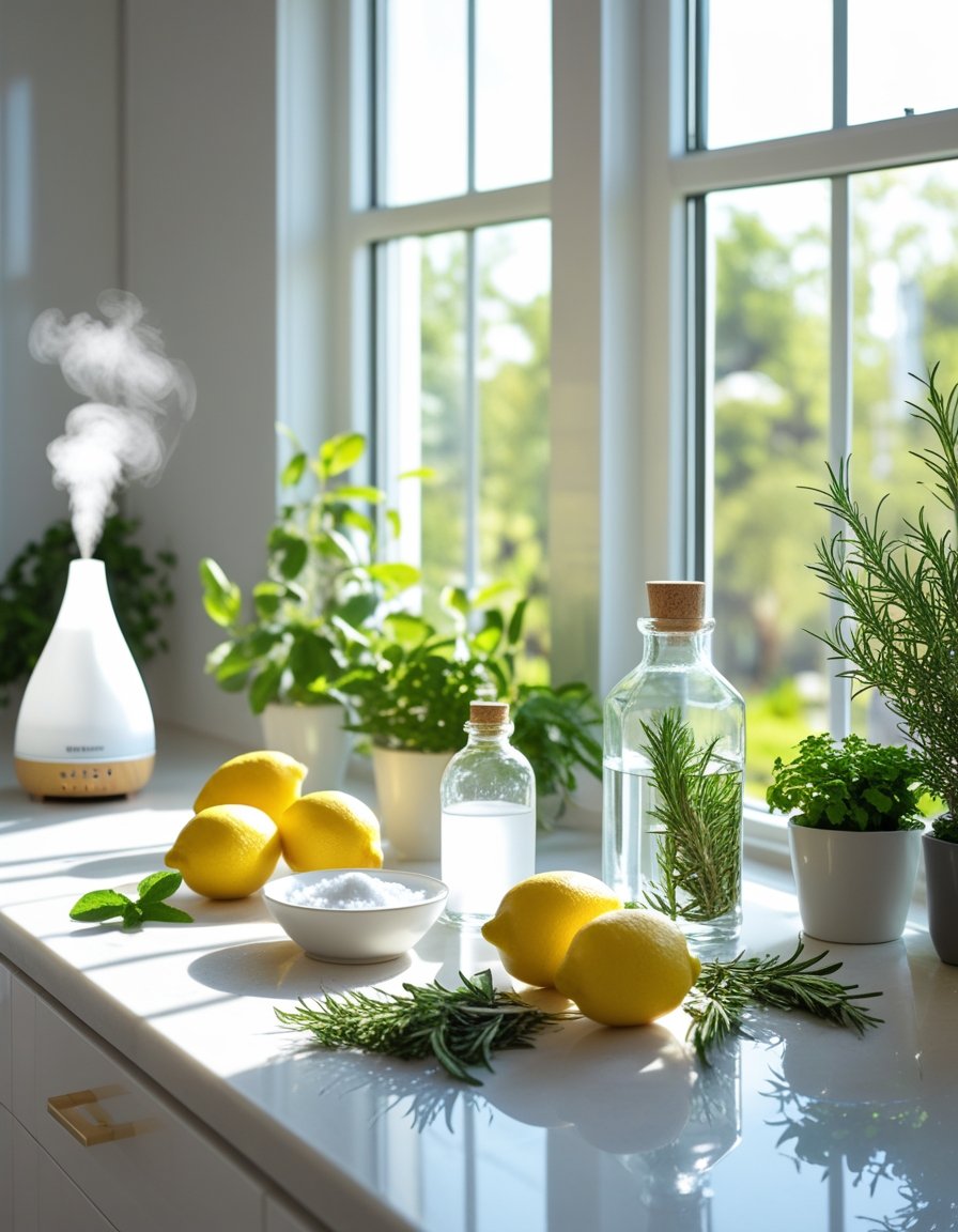 A bright kitchen windowsill with potted herbs, lemons, a bowl of salt, glass bottles, and an essential oil diffuser emitting vapor.