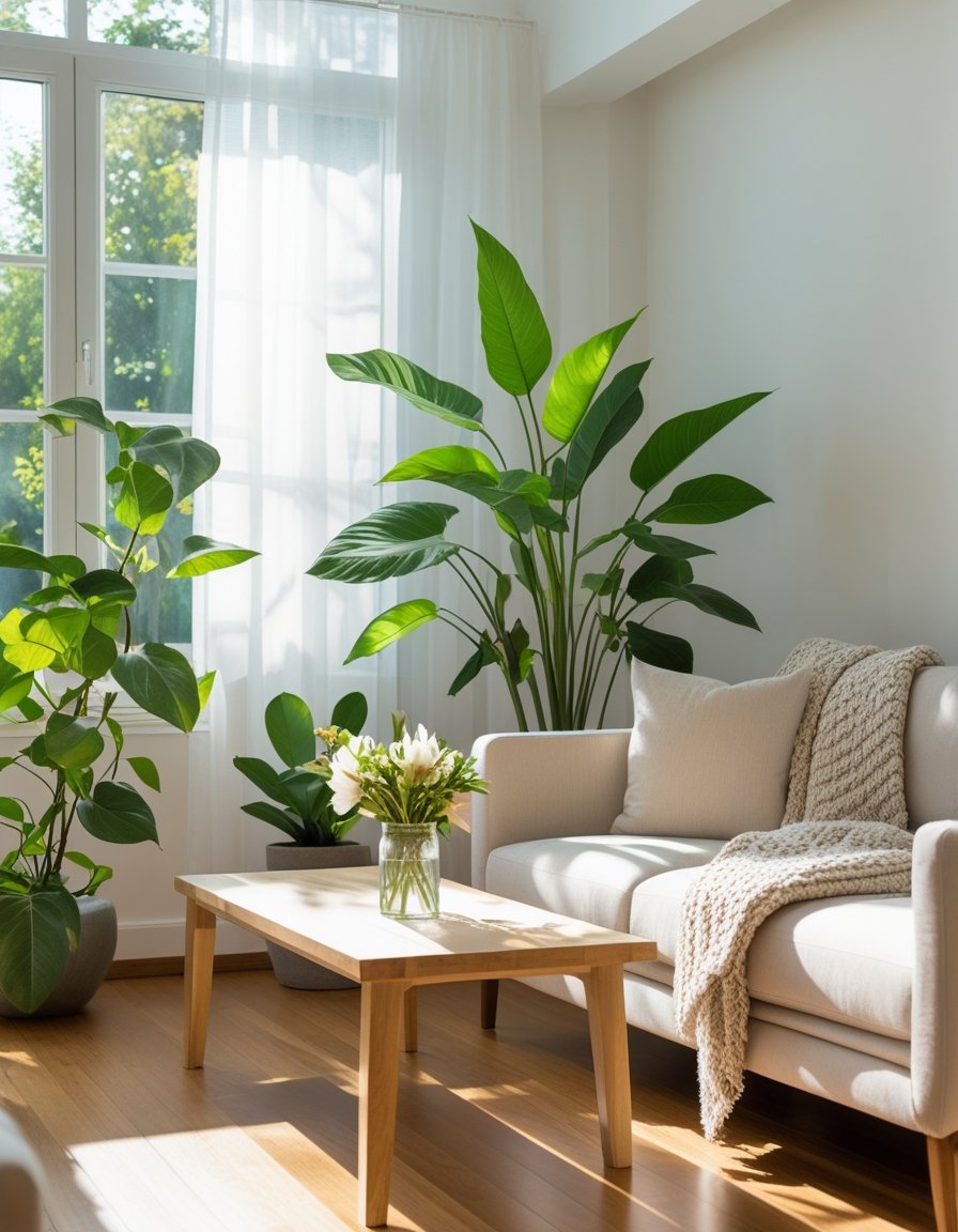 A bright living room with a beige sofa, wooden coffee table, potted green plants, and sunlight streaming through large windows with sheer white curtains.