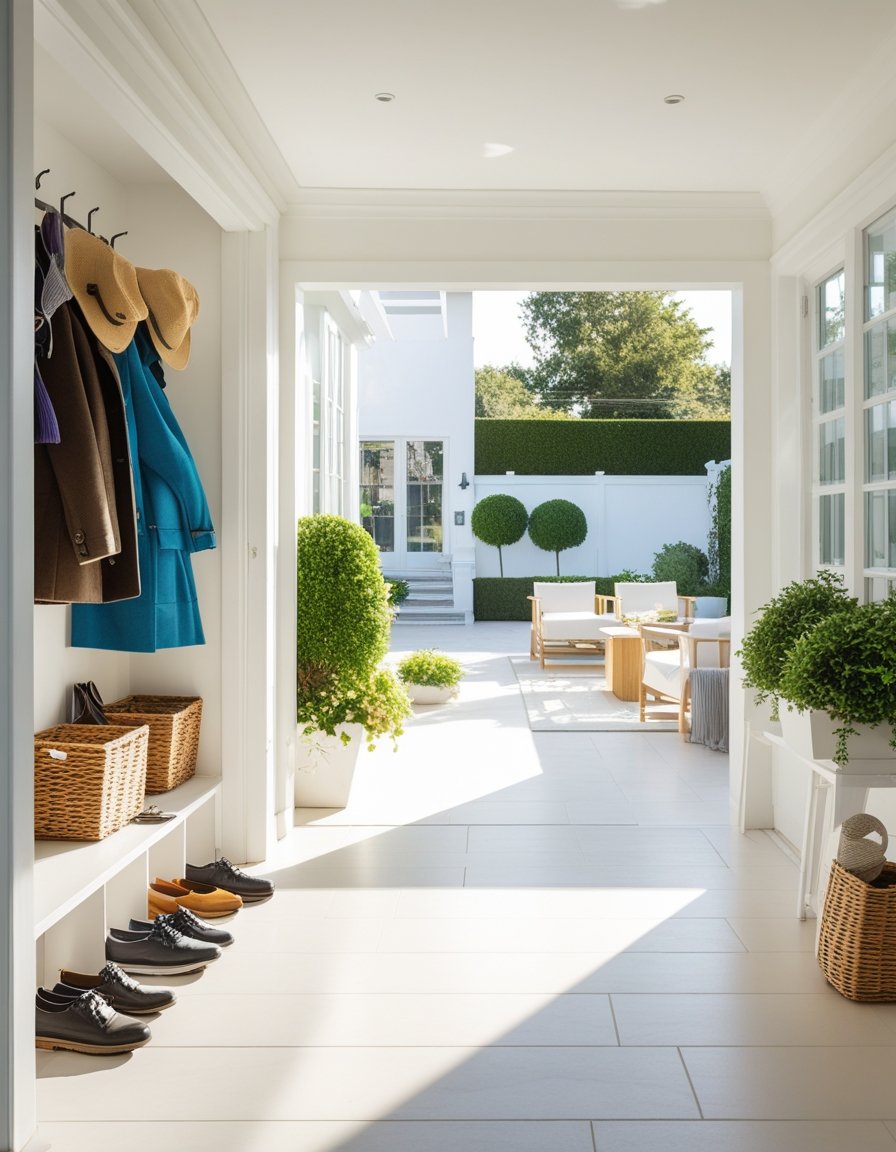 A bright mudroom with coats, baskets, and shoes neatly arranged, opens to a sunlit patio with outdoor seating and manicured greenery.