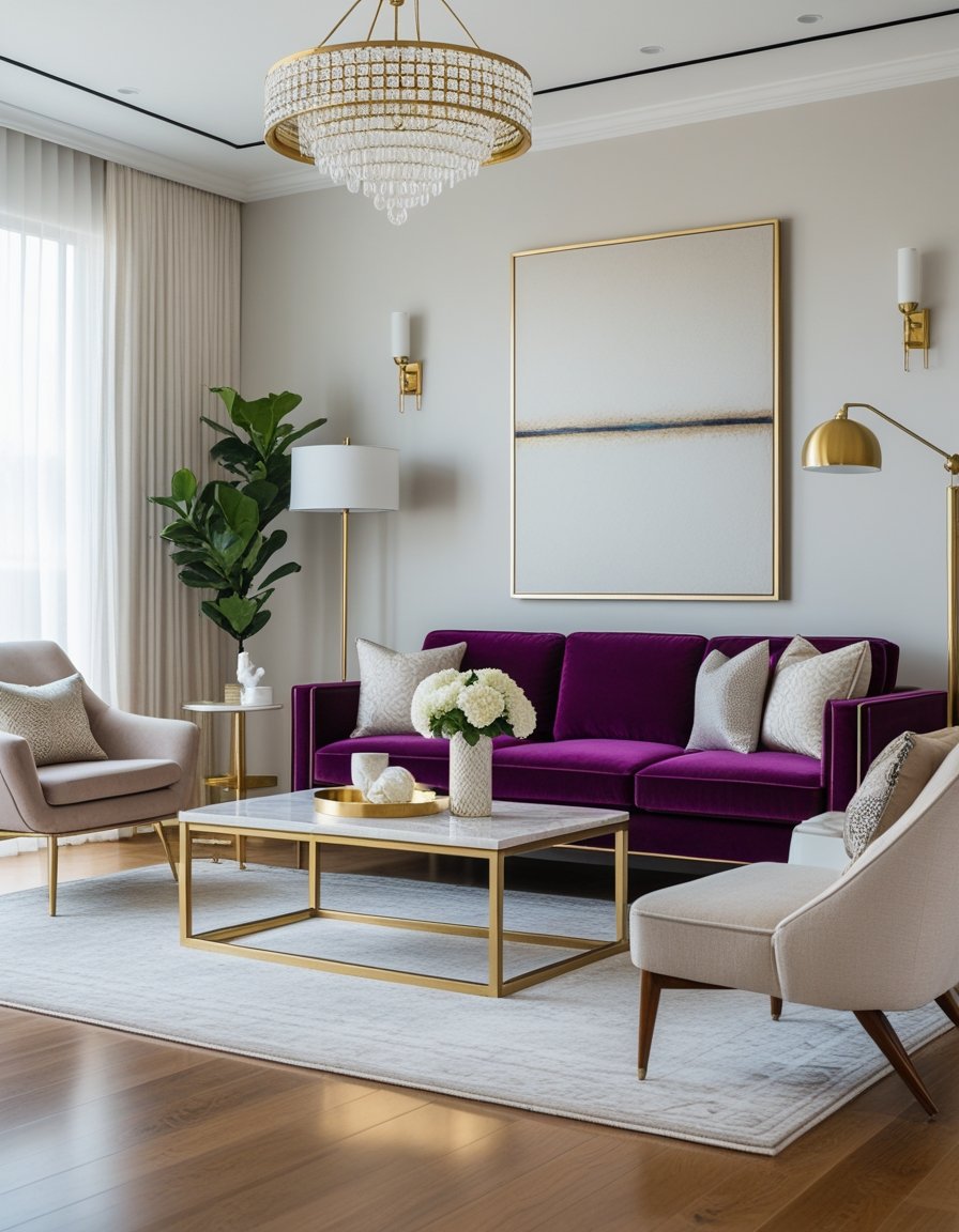 Modern living room with a purple velvet sofa, beige armchairs, gold accents, a glass coffee table, large window, abstract wall art, and a crystal chandelier.