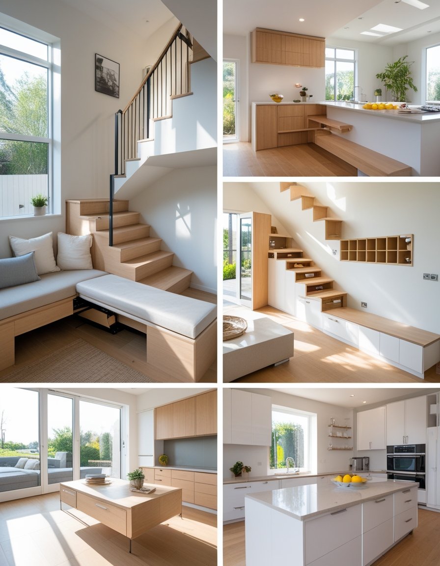 Collage of a modern, minimalist home interior featuring light wood and white furniture, with open-plan kitchen, living area, staircase, built-in storage, and large windows.