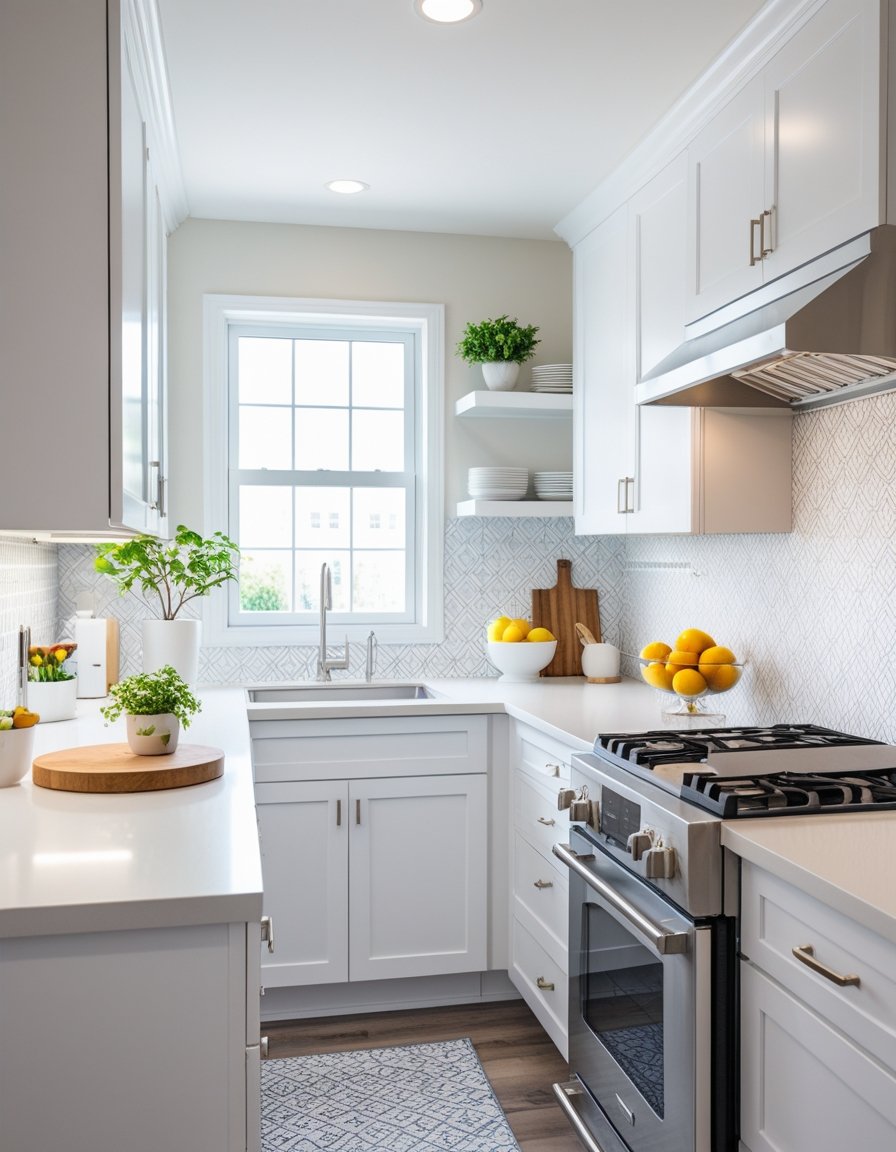 Bright, modern kitchen with white cabinets, stainless steel appliances, a gas stove, and a window above the sink. Fresh lemons and green plants add pops of color.