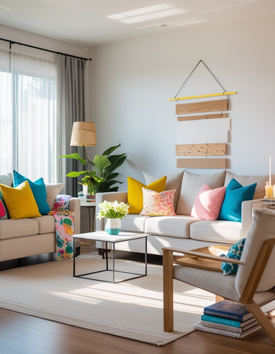 A bright living room with two sofas, colorful throw pillows, a potted plant, wall art, a floor lamp, a coffee table, and sunlight streaming through a window with sheer curtains.