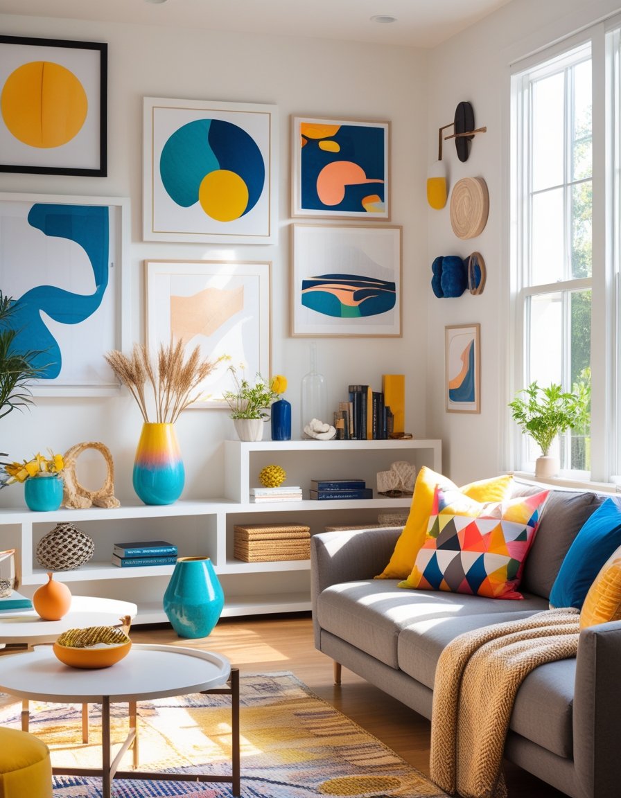 A modern living room with abstract art on the walls, a gray sofa with colorful cushions, and shelves decorated with vases, books, and plants, all in a bright, sunlit space.