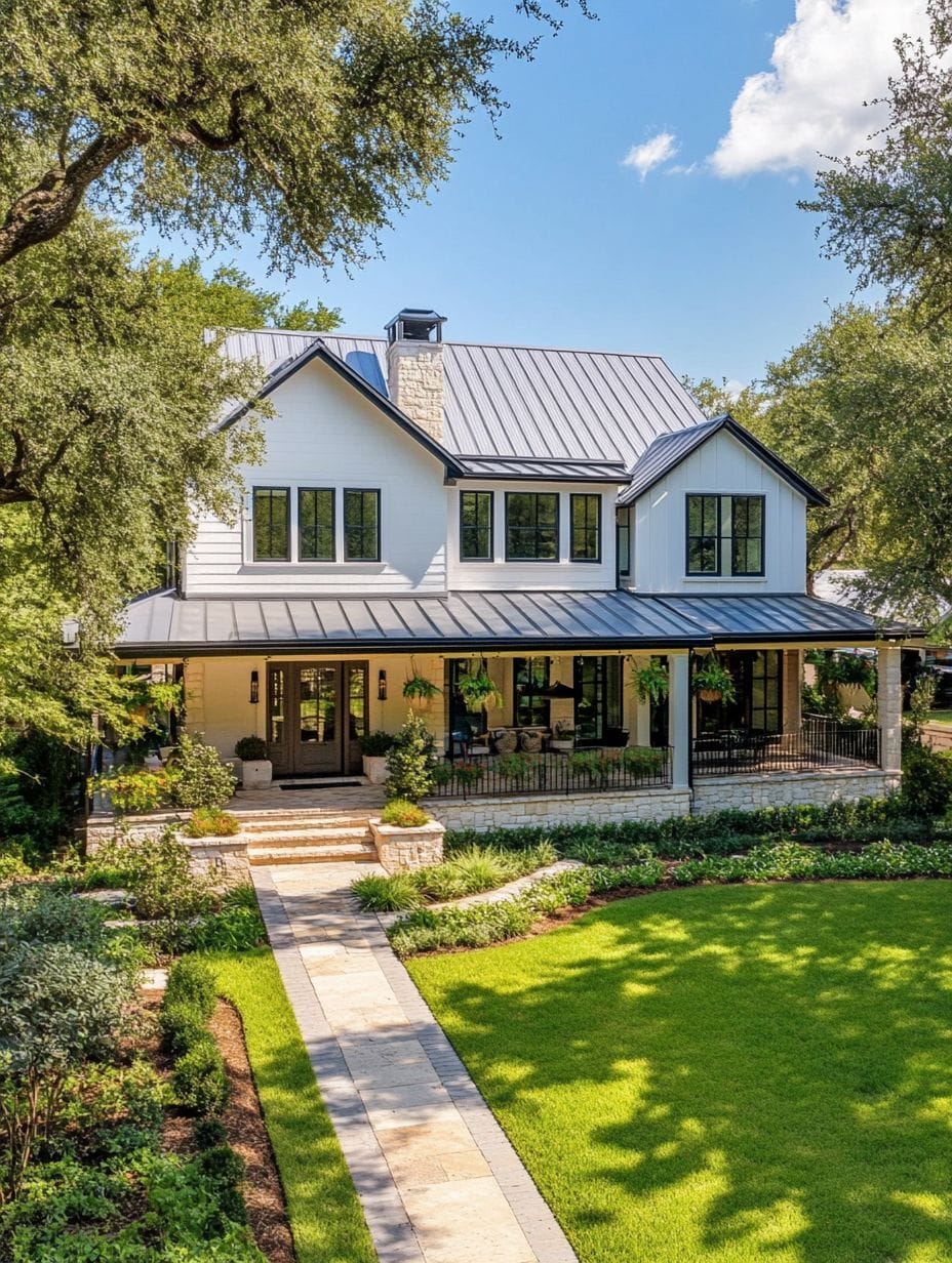 Two-story modern farmhouse with white siding, black trim, a metal roof, large front porch, and landscaped front yard with stone pathway.
