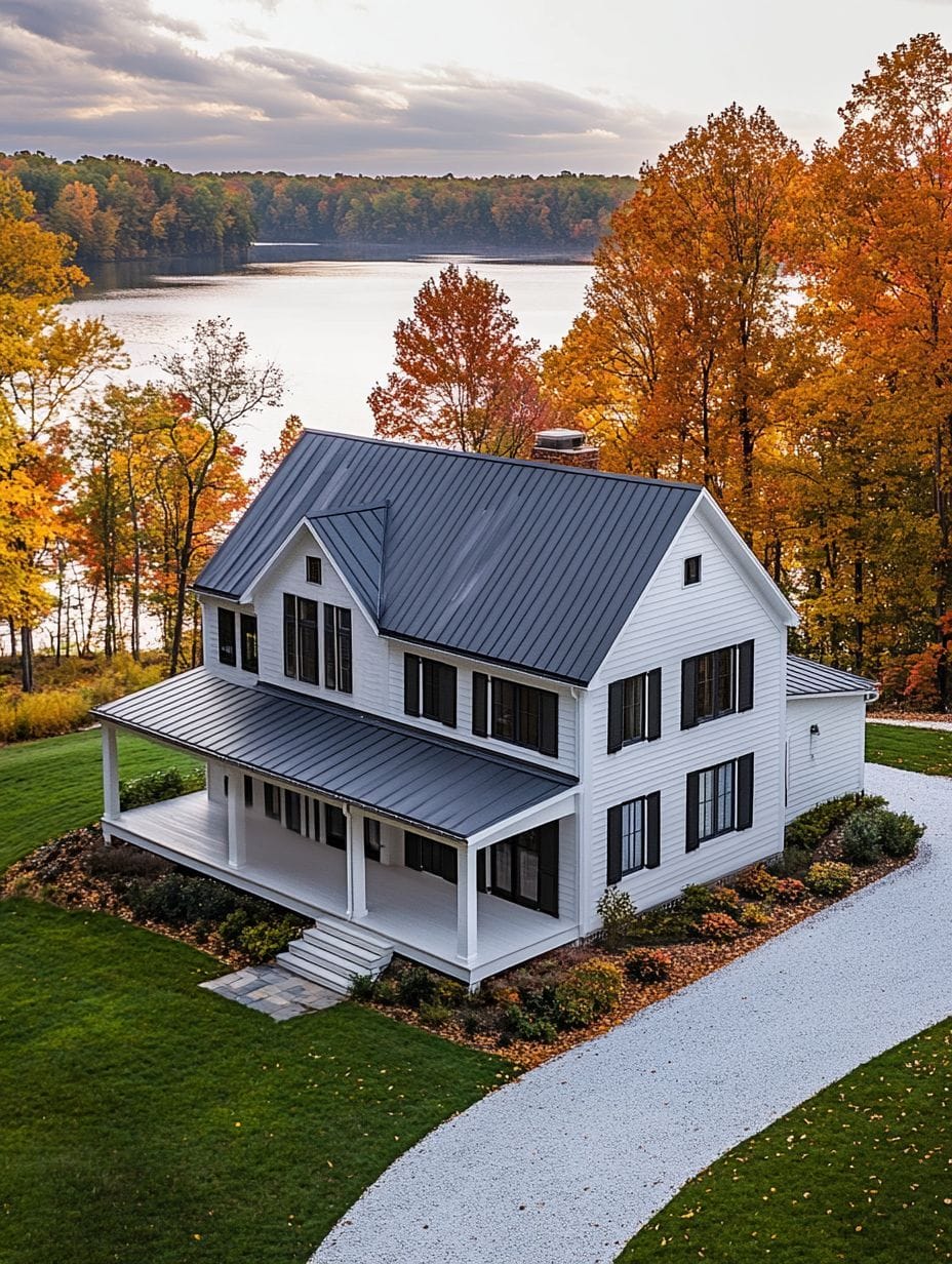Two-story white house with a dark metal roof and covered porch, surrounded by autumn trees and a lake in the background. A curved gravel driveway leads to the house.