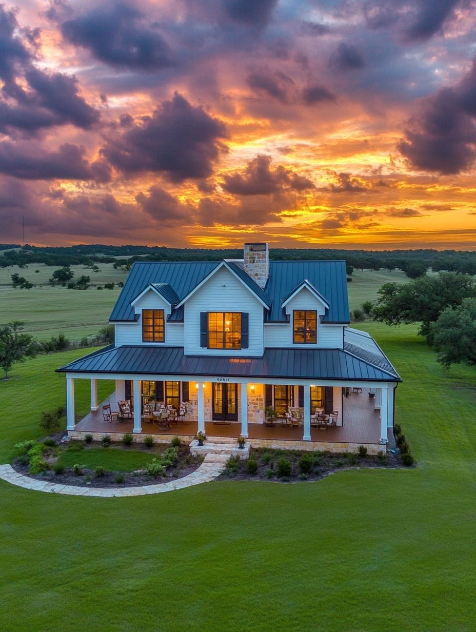 A two-story farmhouse with a wraparound porch sits on a green lawn under a dramatic sunset sky with scattered clouds.