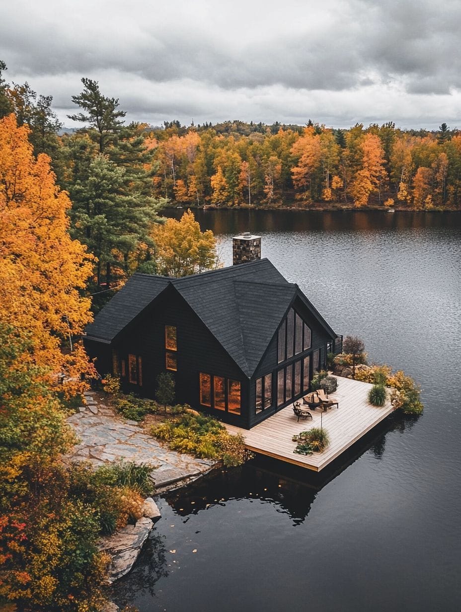 A black cabin with large windows sits on a wooden deck by a lake, surrounded by autumn trees with orange and yellow foliage under a cloudy sky.