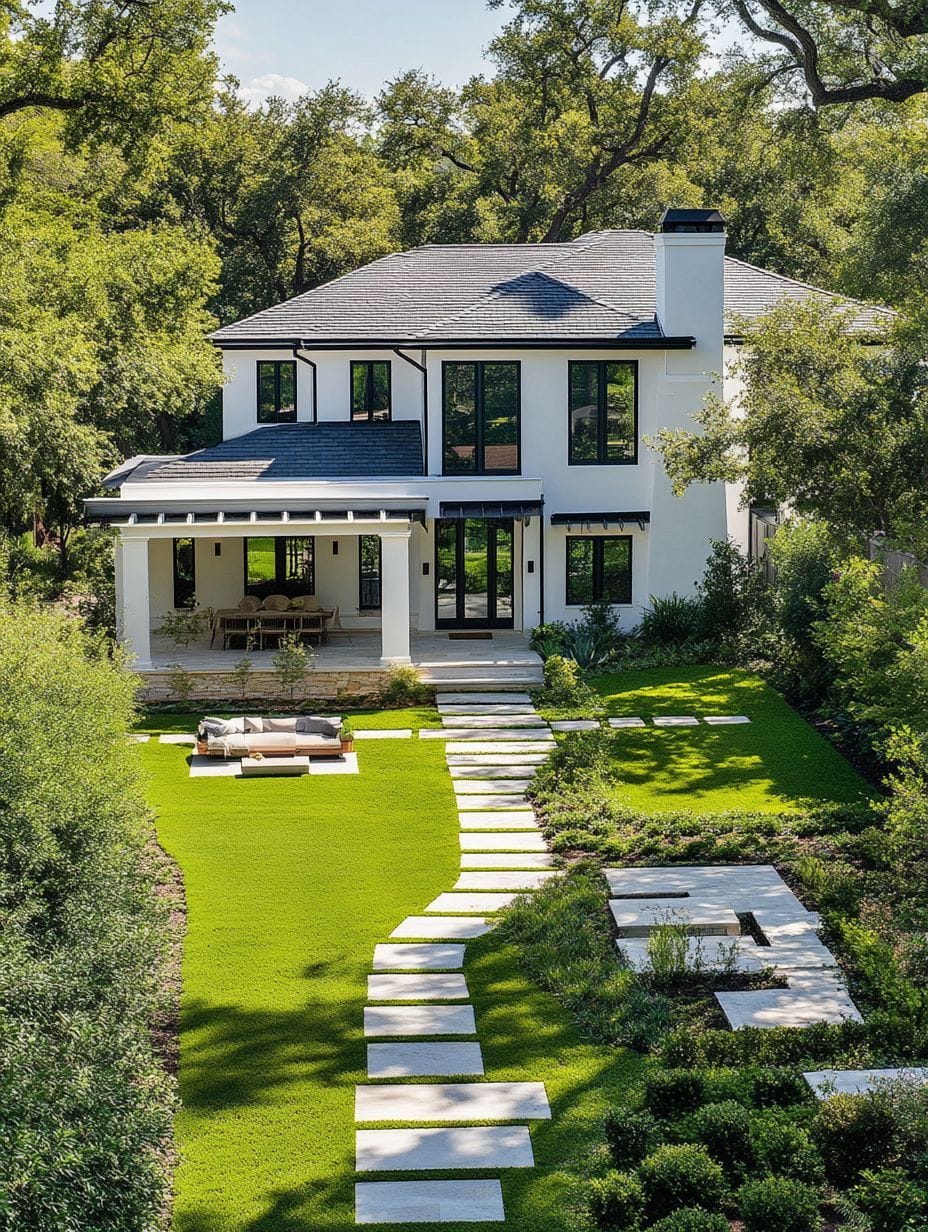 Two-story modern house with white exterior, large black-framed windows, covered patio, outdoor dining area, and a landscaped yard with a stone pathway and green lawn.