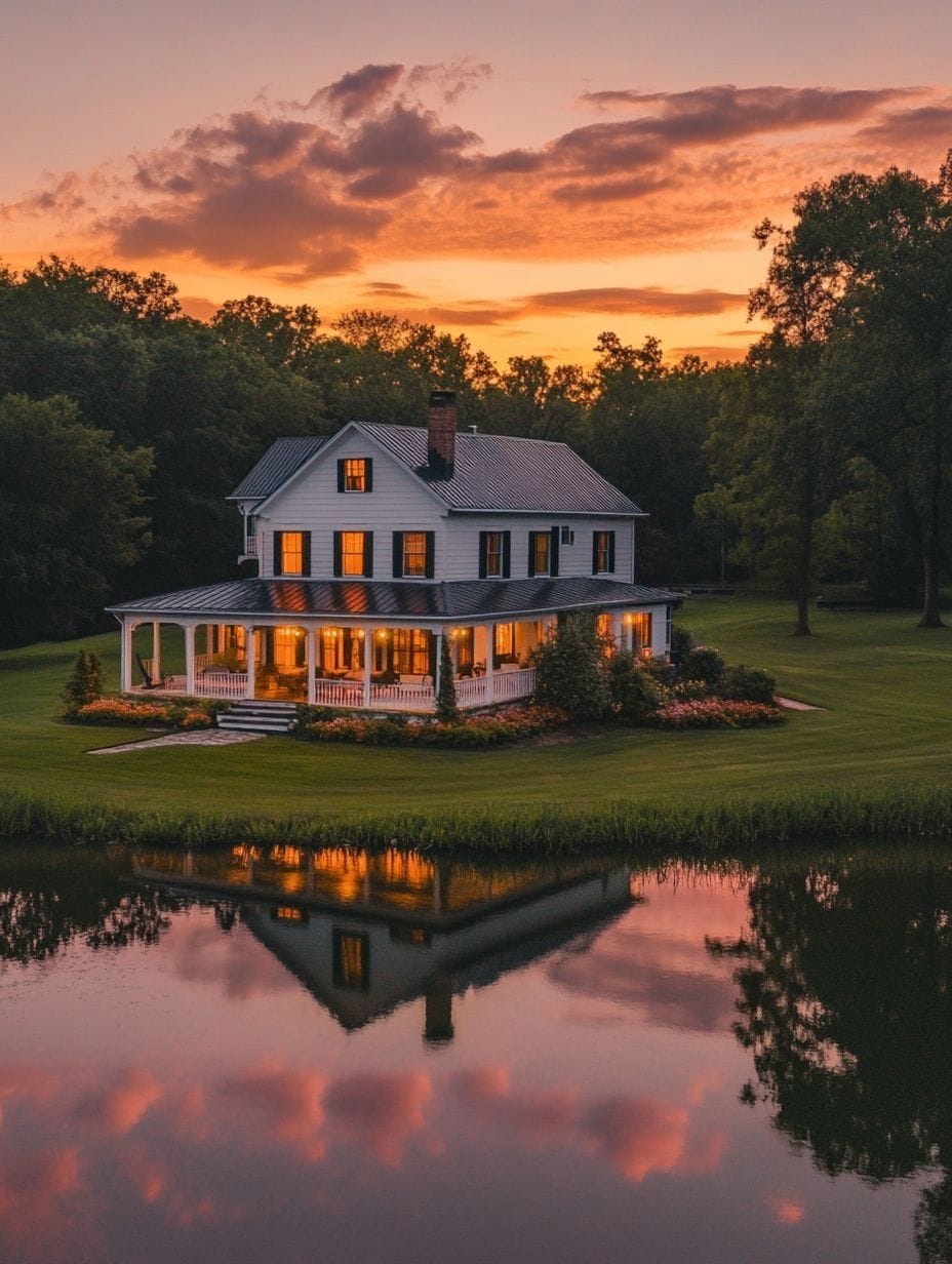 A two-story white house with a wraparound porch is reflected in a pond at sunset, surrounded by trees and a well-maintained lawn.