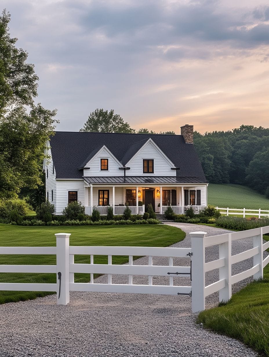 A white farmhouse with a front porch and lit windows sits behind a white fence and gate, surrounded by green lawns and trees at sunset.