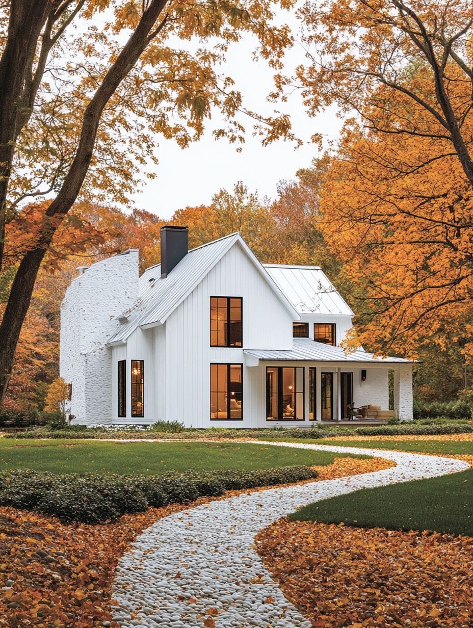 A modern white house with large windows sits among autumn trees, with a curved stone pathway leading to the front porch.