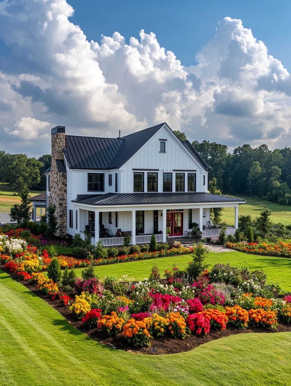 A white two-story farmhouse with a wraparound porch is surrounded by vibrant flower beds and a well-manicured lawn under a partly cloudy sky.