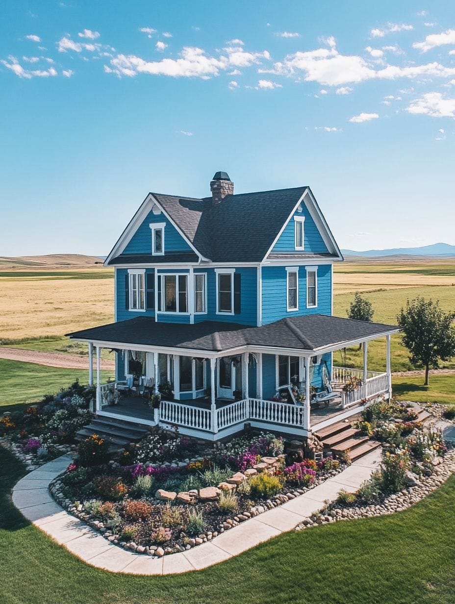 A two-story blue house with a wraparound porch is surrounded by colorful flower beds and green lawns in a rural landscape under a clear, sunny sky.