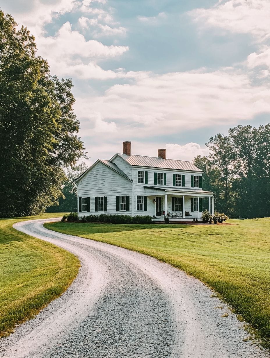 A white two-story house with a covered porch sits on a grassy lawn, with a curved gravel driveway leading up to it, surrounded by trees under a partly cloudy sky.