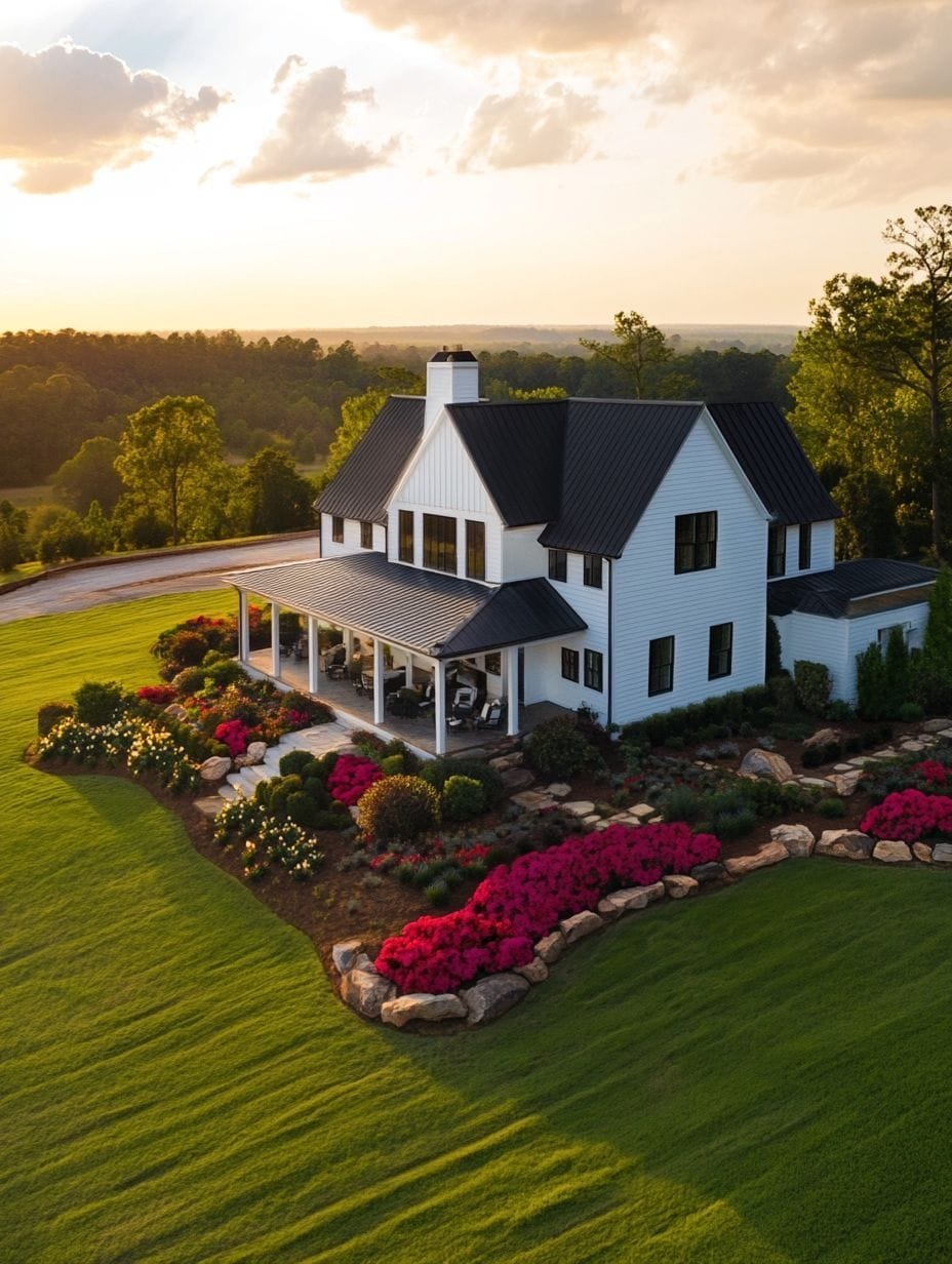 A modern white farmhouse with a black roof sits among manicured green lawns and vibrant flower beds at sunset, surrounded by trees and rolling hills.