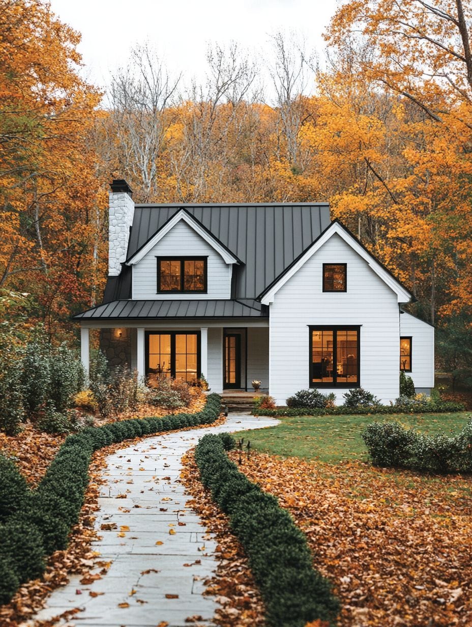 A white two-story house with black roof and shutters sits amid autumn trees, with a stone path leading through a lawn covered in fallen leaves.