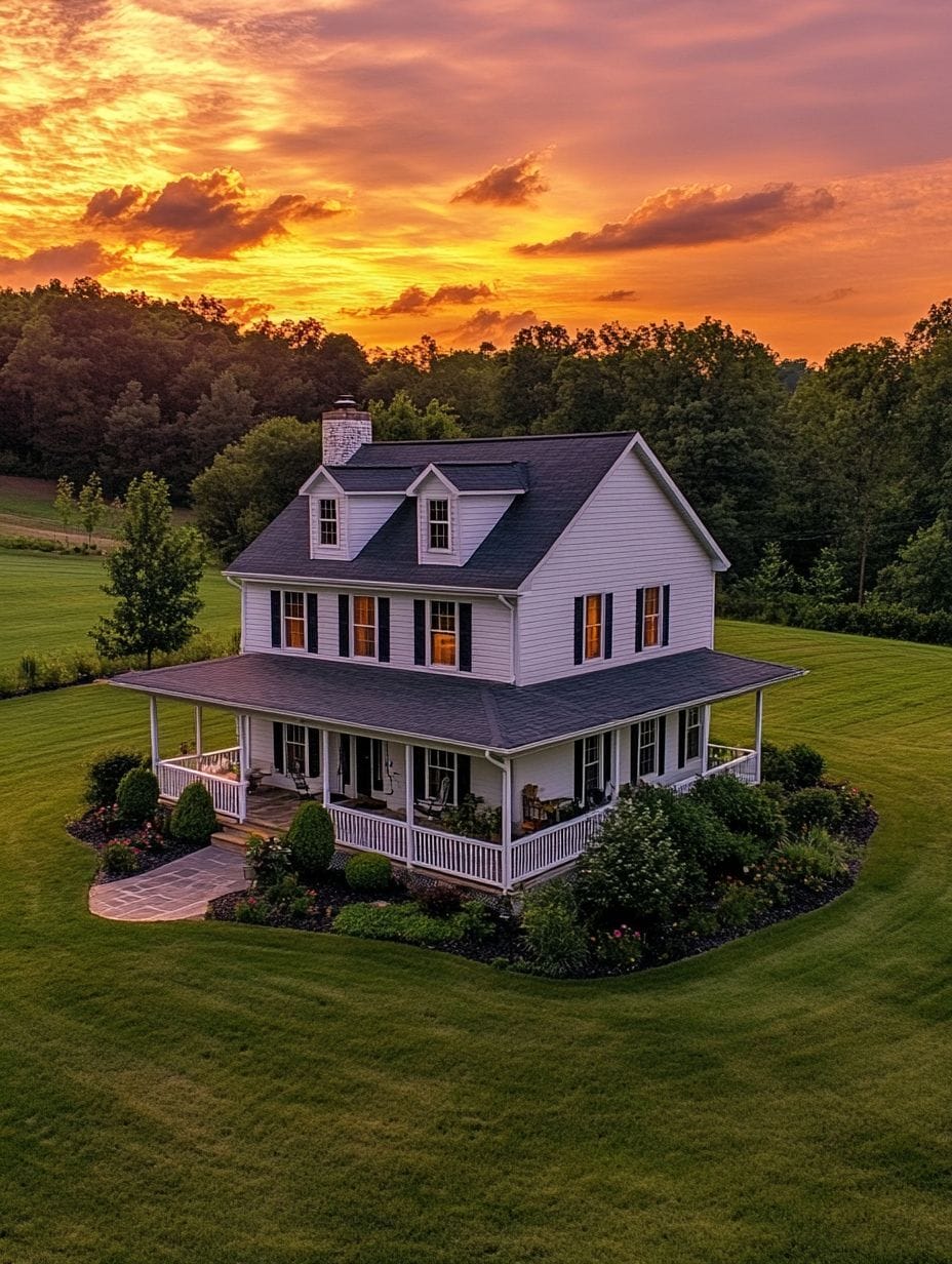 A two-story white house with a wraparound porch sits on a well-manicured lawn, surrounded by trees, under a vibrant sunset sky.