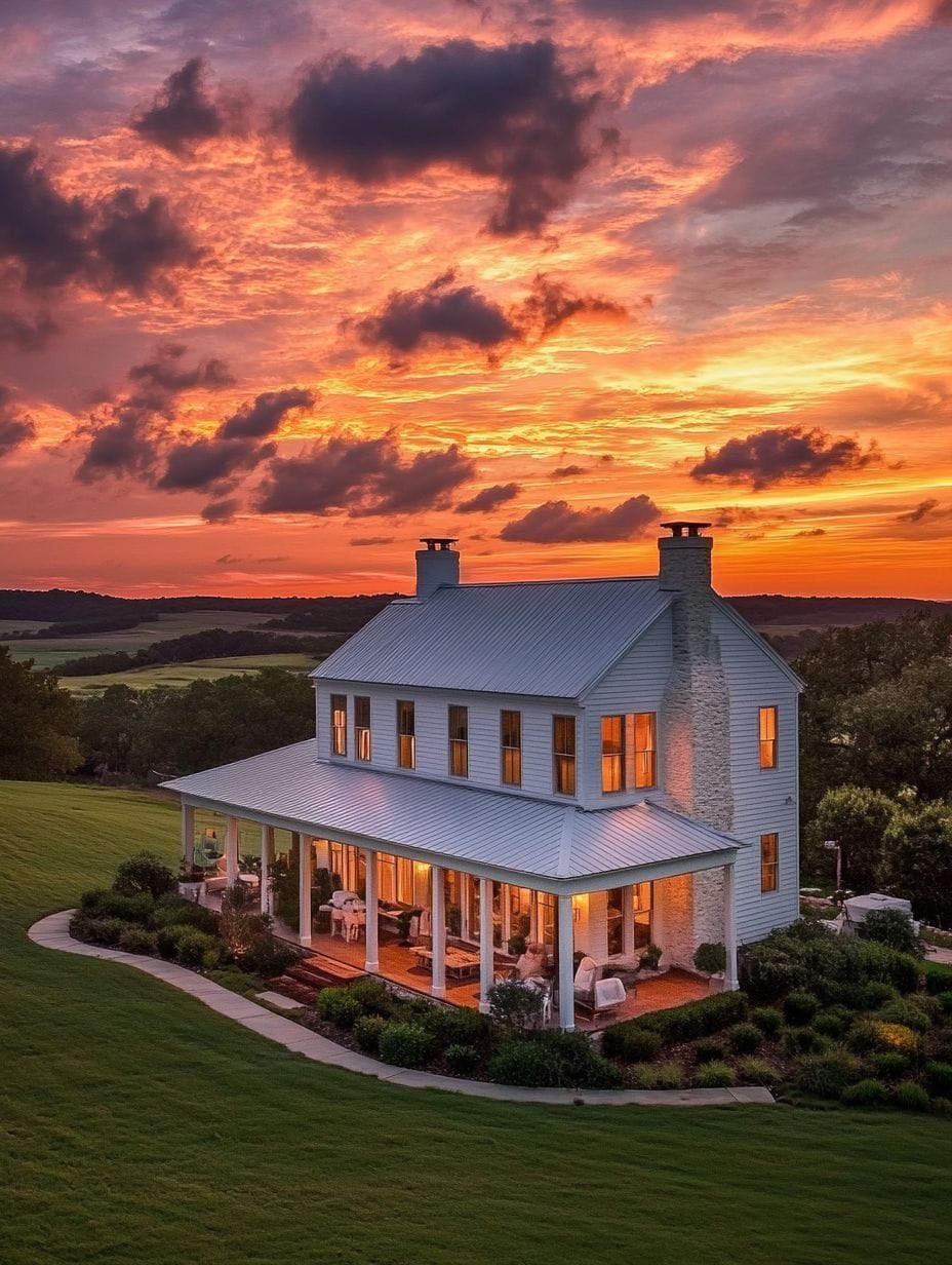 A two-story white house with a wraparound porch sits on a manicured lawn at sunset, with vibrant orange and purple clouds in the sky.