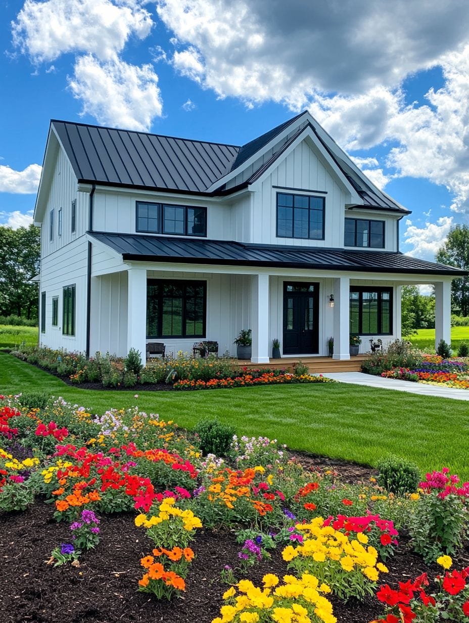 A two-story white house with a black roof and large front porch, surrounded by green lawn and colorful flower beds under a partly cloudy sky.