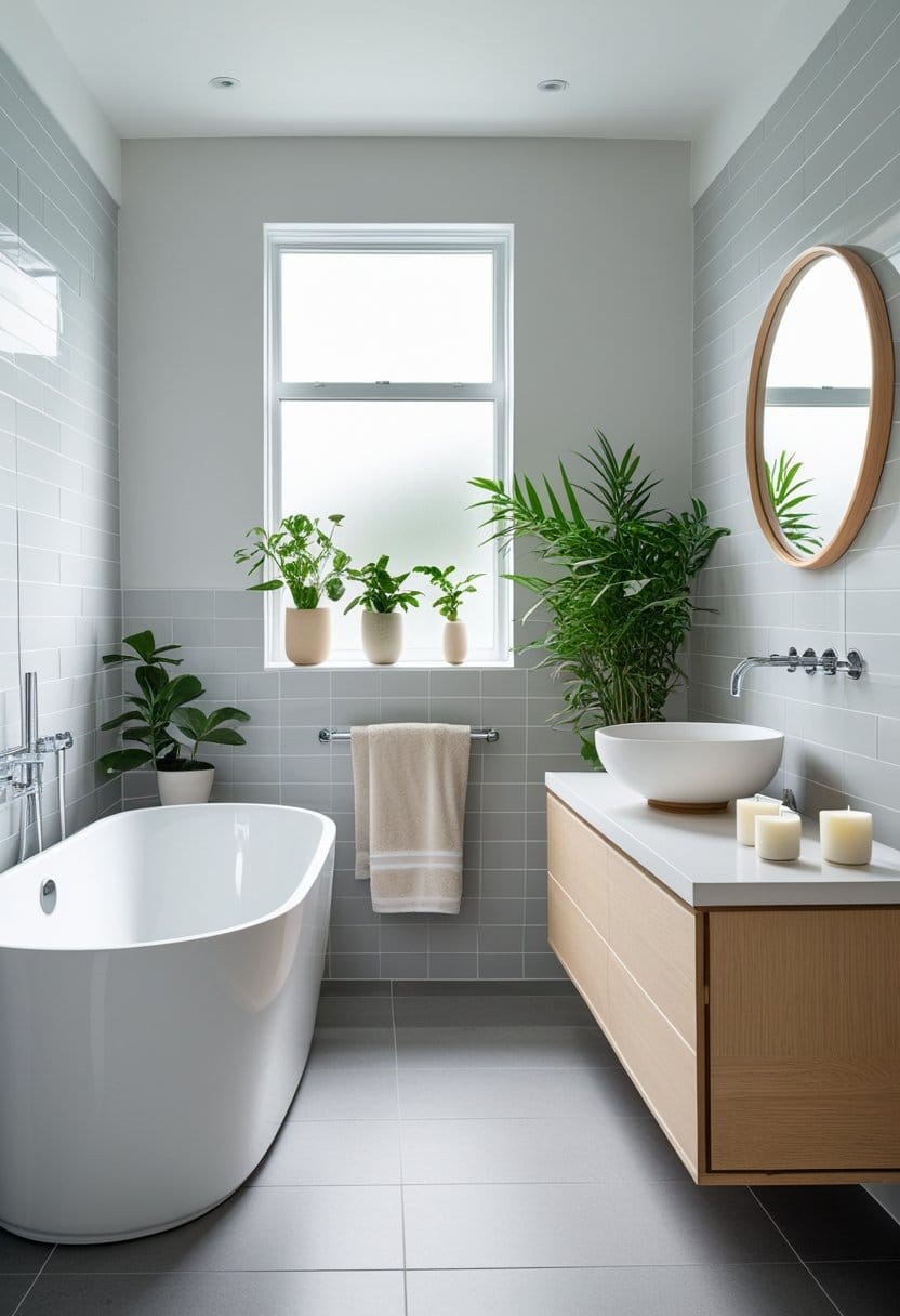 Modern bathroom with a freestanding bathtub, wooden vanity, round mirror, potted green plants, and a window letting in natural light.