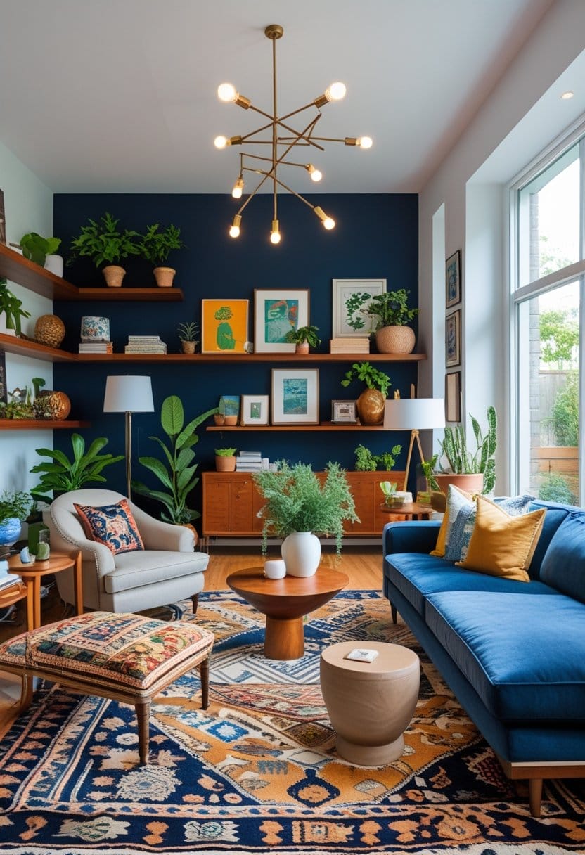A modern living room with blue walls, a blue sofa, patterned rug, wooden furniture, potted plants, wall art, and large windows letting in natural light.