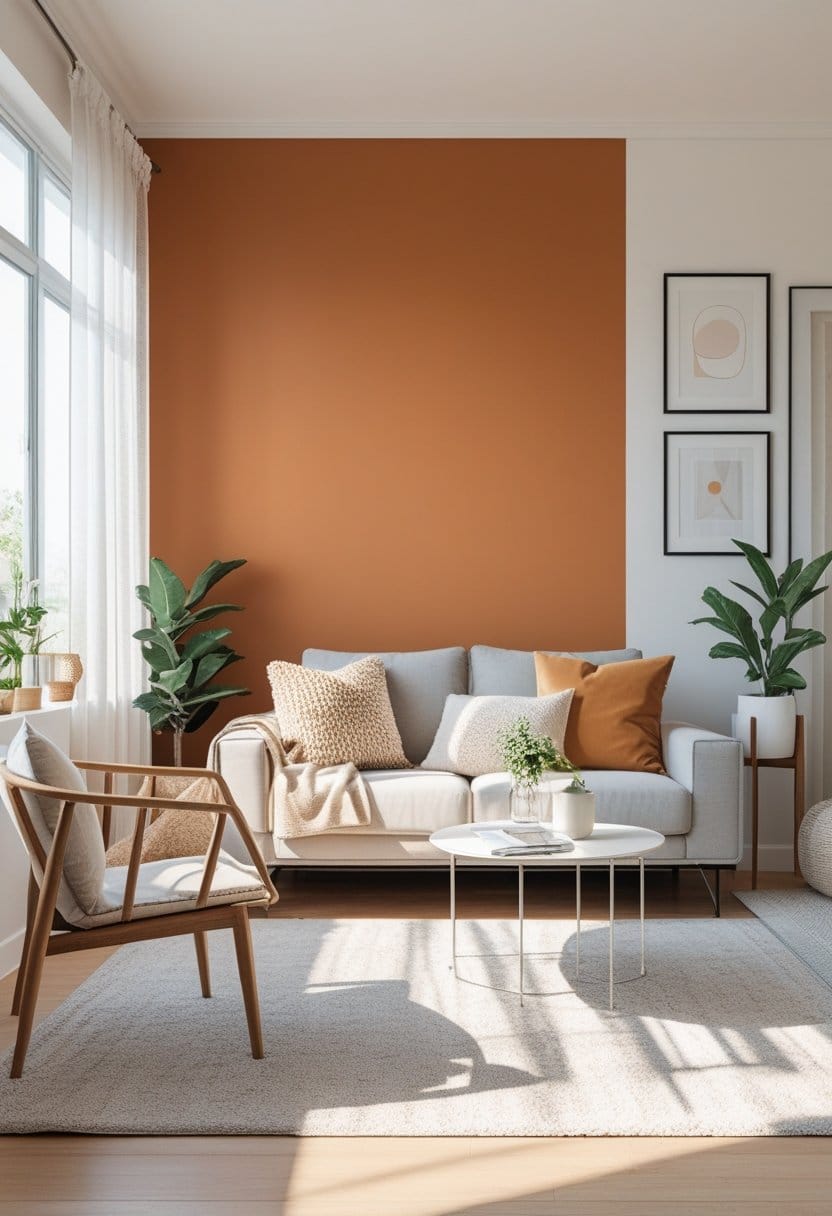 A modern living room with a beige sofa, orange accent wall, wooden chair, round coffee tables, potted plants, and framed art, lit by sunlight through a large window.