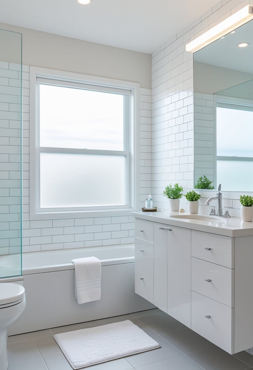 Modern bathroom with white tile, a bathtub with a towel, a white vanity with sink, large mirror, potted plants, and a frosted window providing natural light.