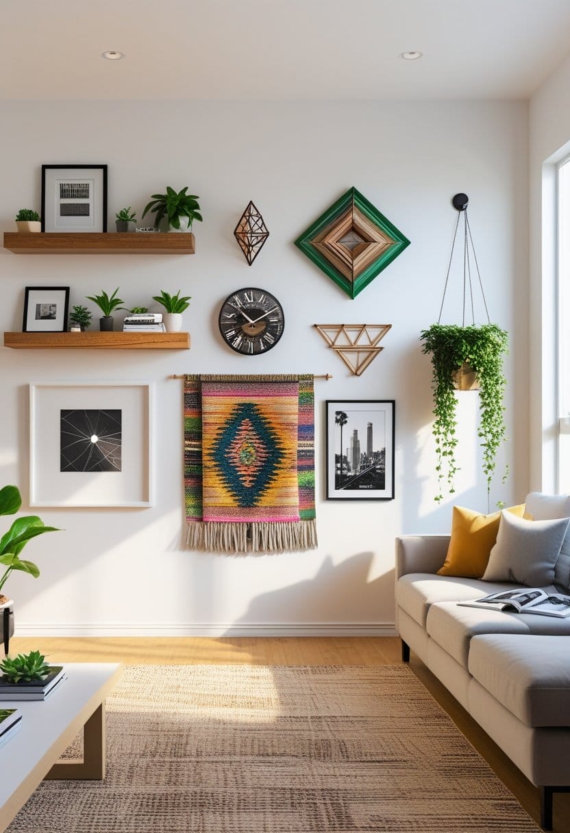 A modern living room with a light sofa, patterned cushions, hanging plants, wall shelves, geometric art, a clock, and a colorful woven wall hanging. Sunlight enters through a window.