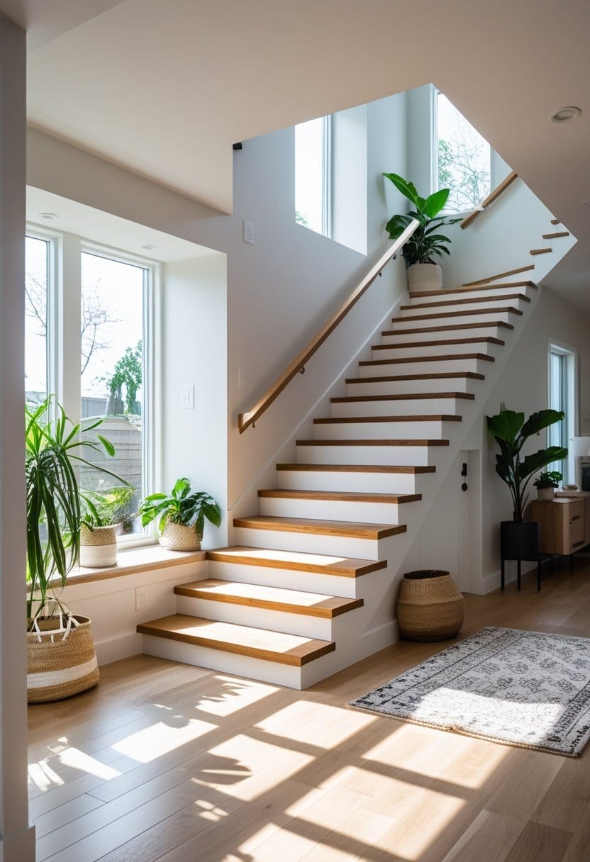 Modern wooden staircase with white risers, surrounded by large windows and potted green plants, in a bright, sunlit room with light wood flooring.