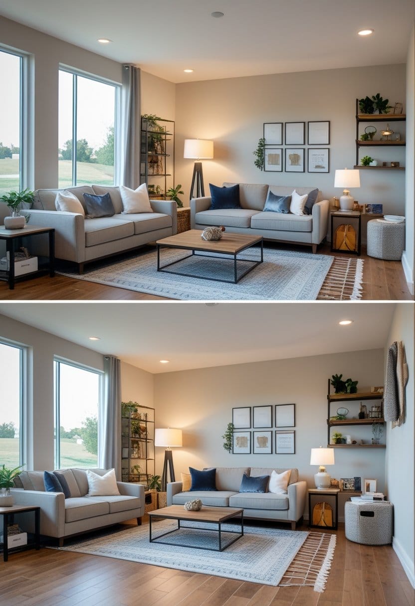 A modern living room with large windows, neutral sofas, a coffee table, wall art, shelving, and indoor plants, shown from two slightly different angles.