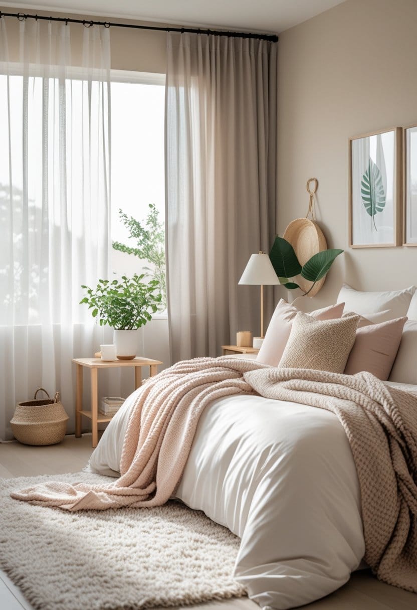 A modern, cozy bedroom with a neatly made bed, soft beige bedding, a potted plant on a wooden nightstand, and natural light streaming through sheer curtains.
