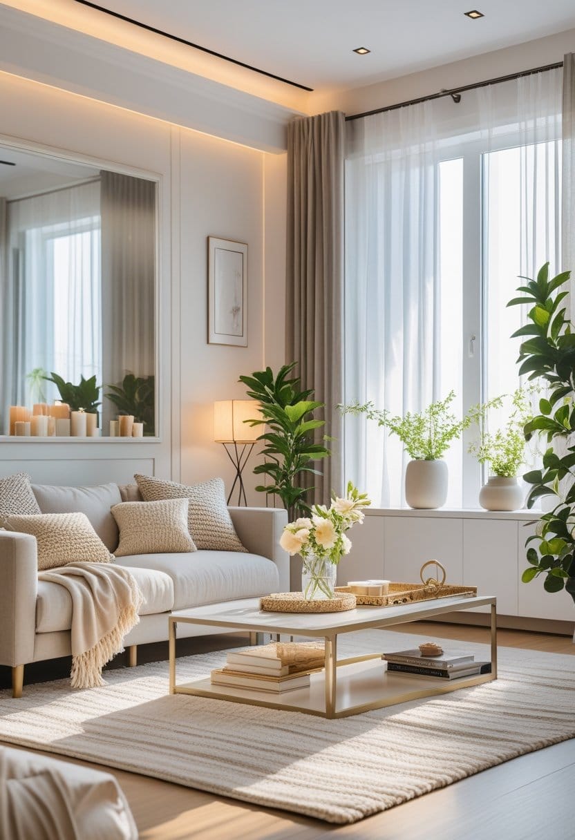 A modern living room with a beige sofa, coffee table, indoor plants, large window with sheer curtains, and soft lighting from candles and ceiling lights.