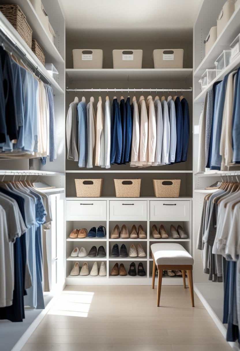 A neatly organized walk-in closet with shirts, jackets, and shoes arranged by color, woven storage baskets on shelves, and a small padded bench in the center.
