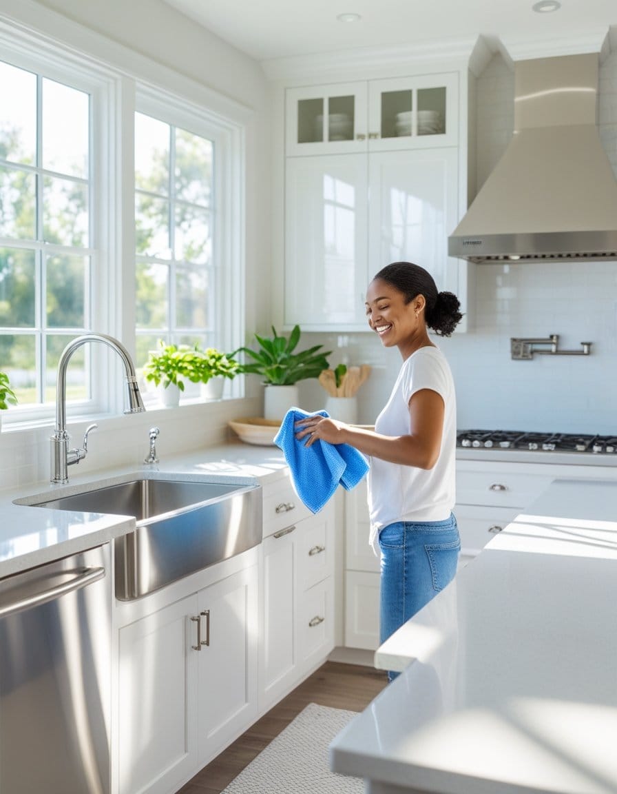 A woman in a white kitchen smiles while drying a blue dish towel near a stainless steel sink, with sunlight streaming through large windows.