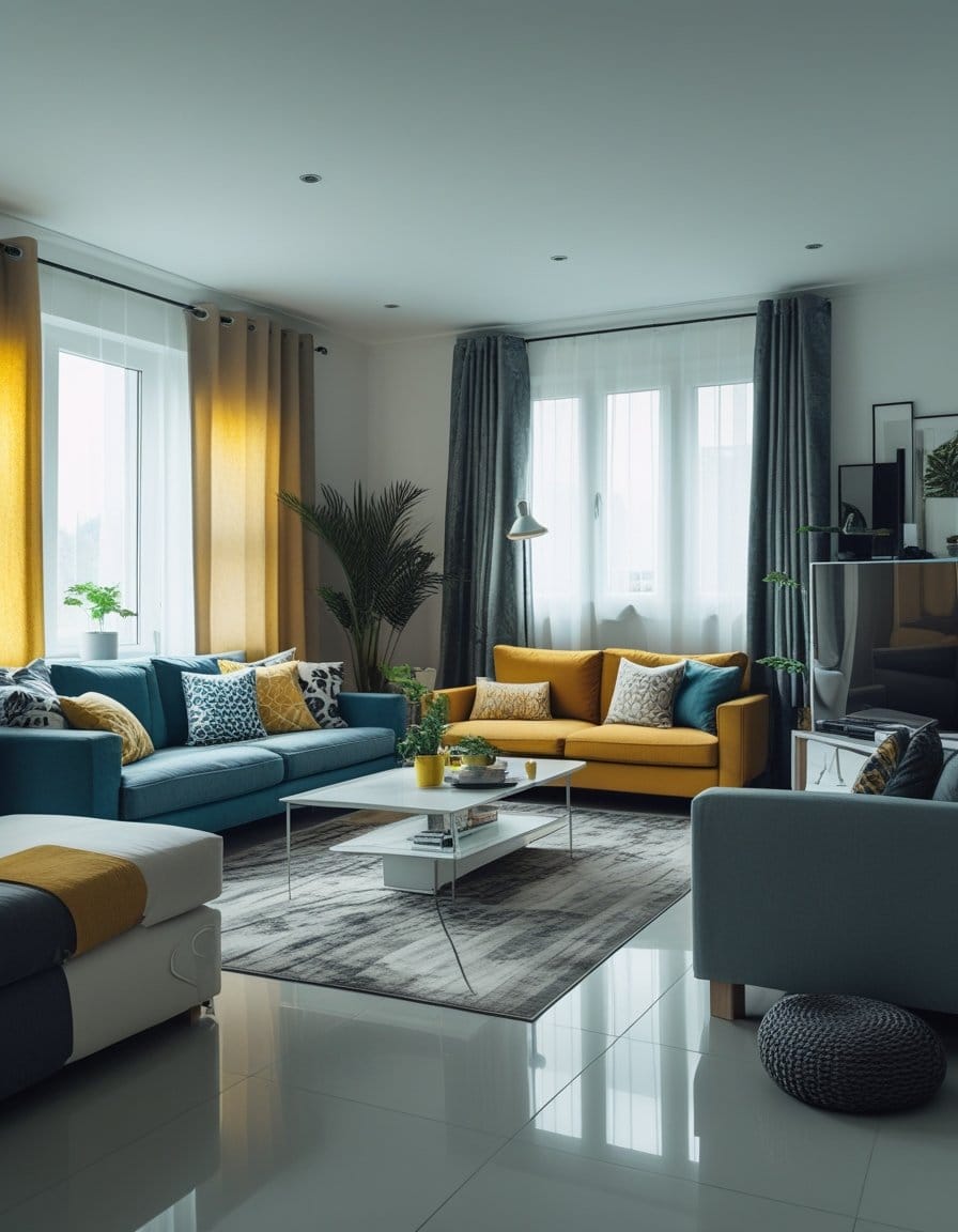 Modern living room with blue and yellow sofas, large windows with curtains, indoor plants, a rug, and a coffee table with decor items on a tiled floor.