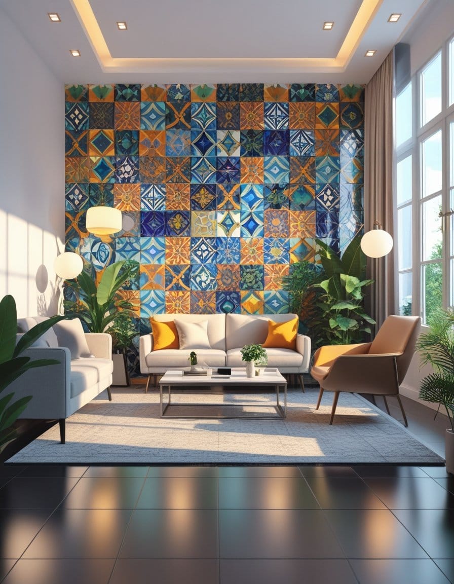 Modern living room with large windows, neutral furniture, and a feature wall decorated with colorful geometric tiles; several plants and minimalist lighting complete the space.