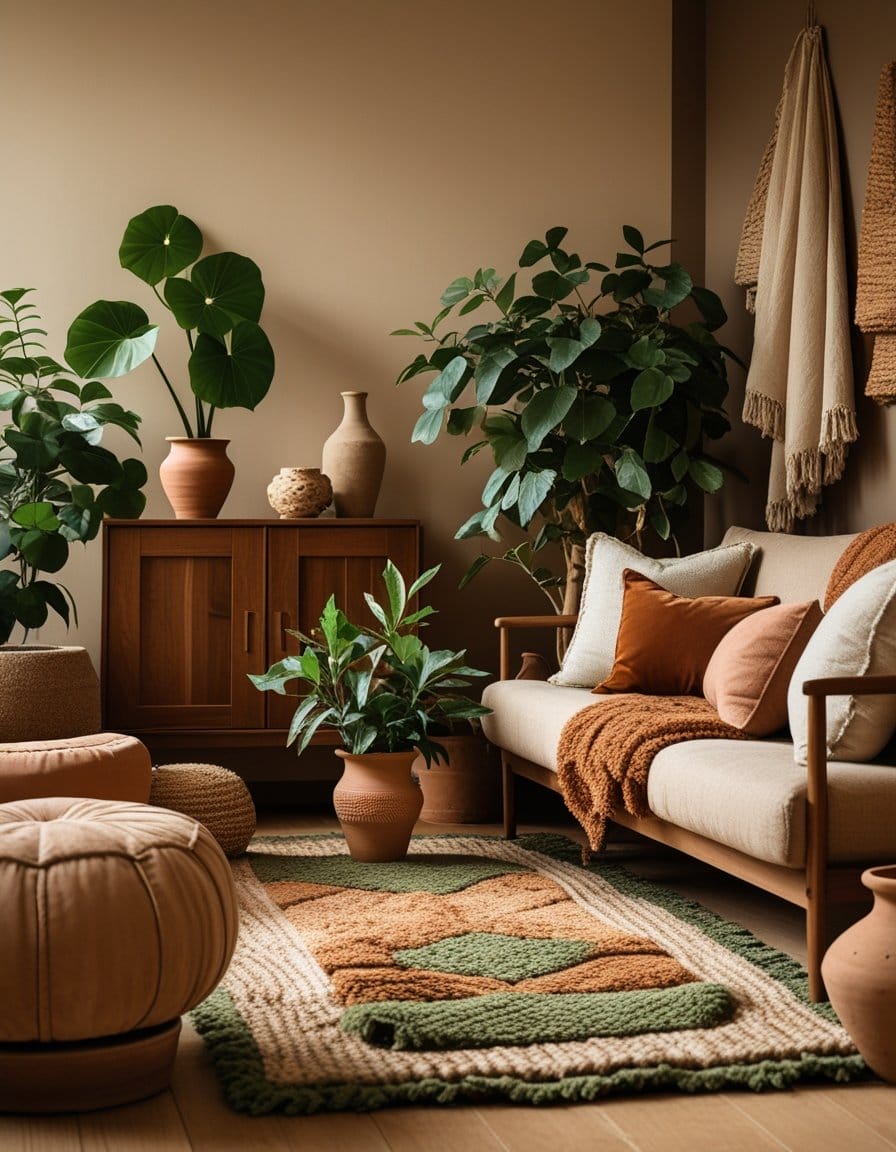 A cozy living room with earth-toned decor, indoor plants, a beige sofa with pillows, a patterned rug, wooden furniture, and decorative vases.